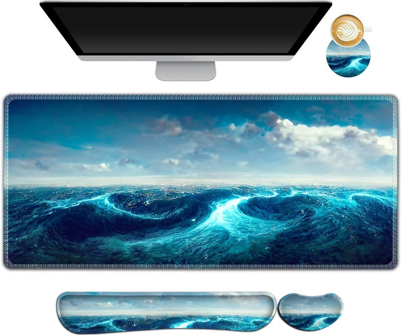 AIMSA Keyboard Mouse Pad Wrist Rest, Extended Gaming Mouse Pad +Wrist Support, Ergonomic Memory Foam,XXL Large Mousepad Easy Typing Pain Relief, 4Pcs (35×15.7 in) Desk Mat,Big Sea Waves - Image 1